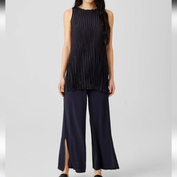 Eileen Fisher Tops - Eileen Fisher Crushed Silk Long Tank Top Navy Blue Size Medium